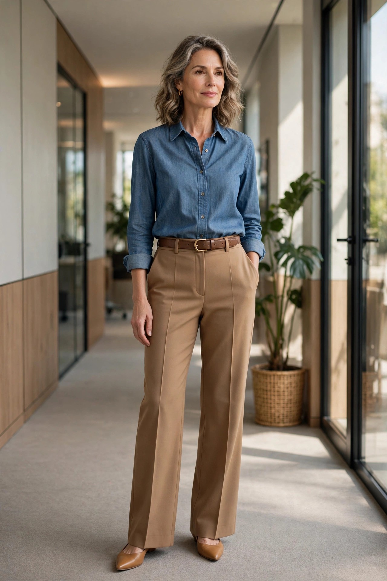 Woman in her 50s wearing a chambray shirt, camel trousers and brown belt in a sunlit office corridor