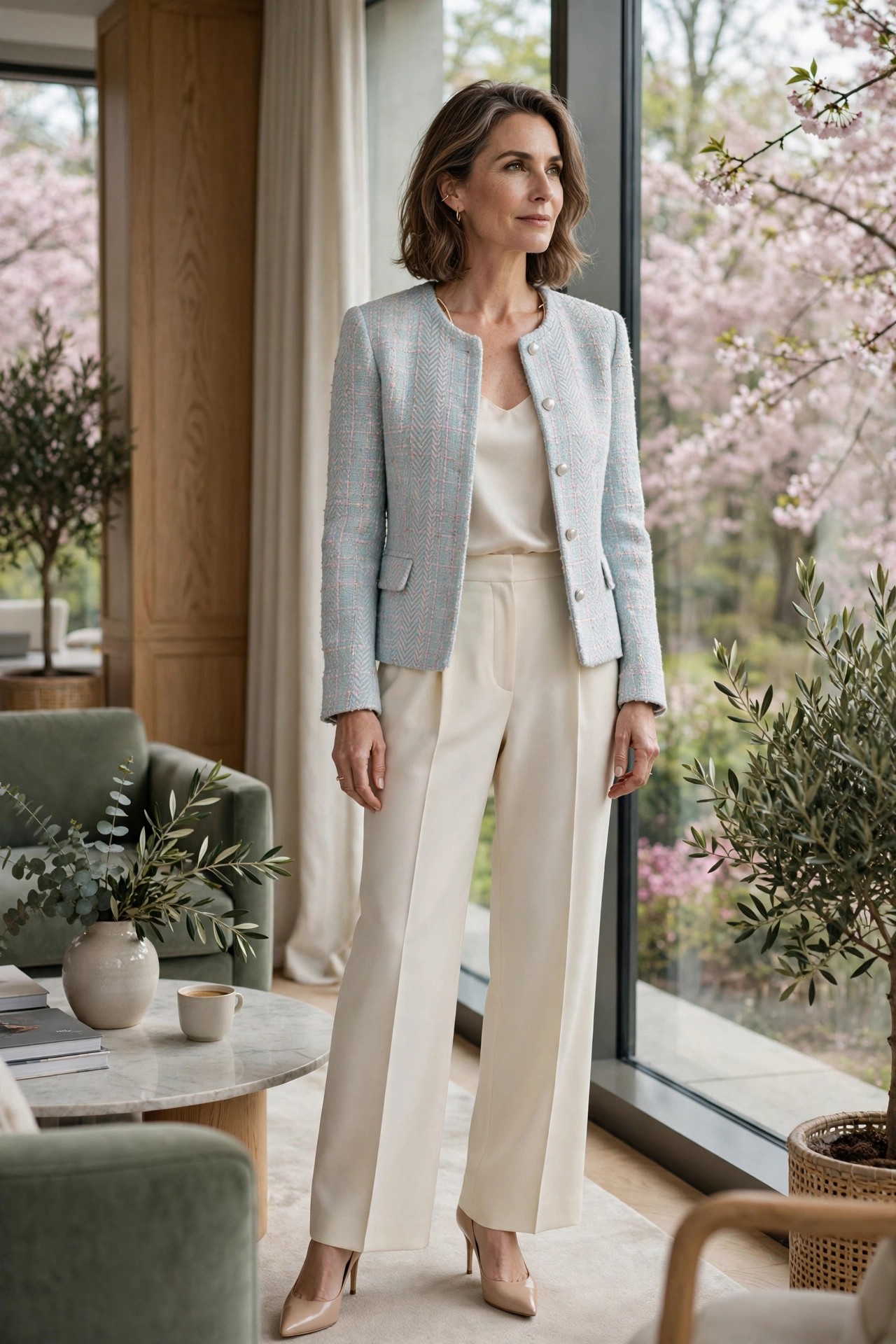 Elegant woman over 50 in a pastel tweed jacket and cream trousers in an office lounge