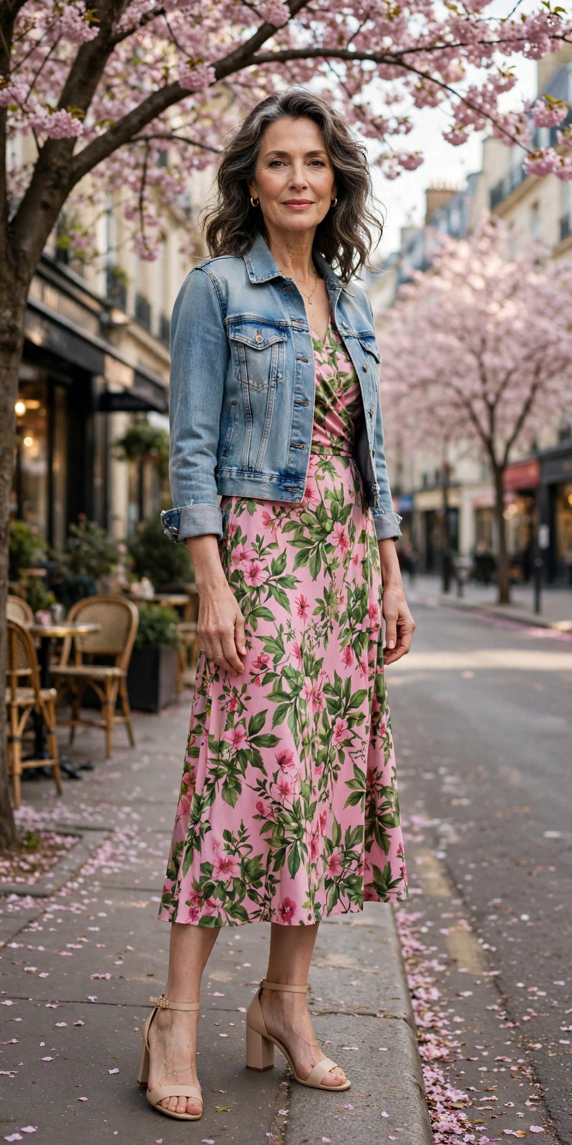 Woman in her 50s wearing a floral midi dress and cropped denim jacket on a spring city street