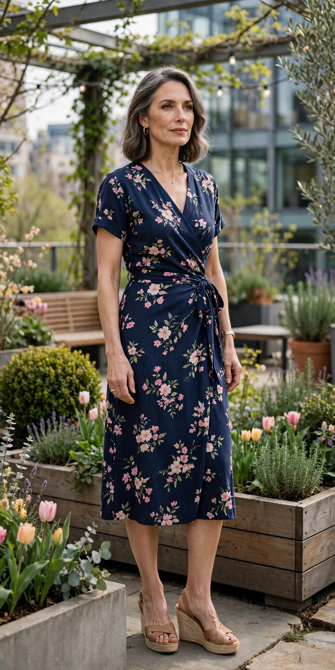 Woman over 50 in a navy floral wrap dress and tan wedges on an office terrace garden