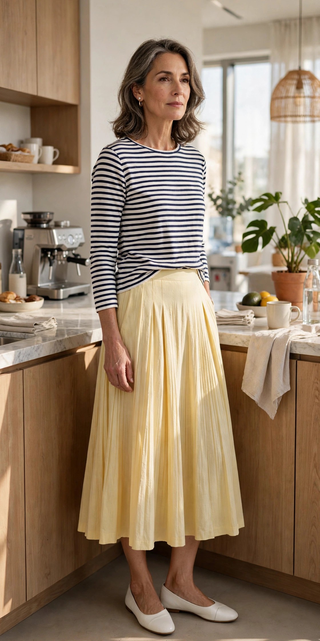 Woman in her 50s wearing a pleated yellow midi skirt and striped Breton top in a bright break room