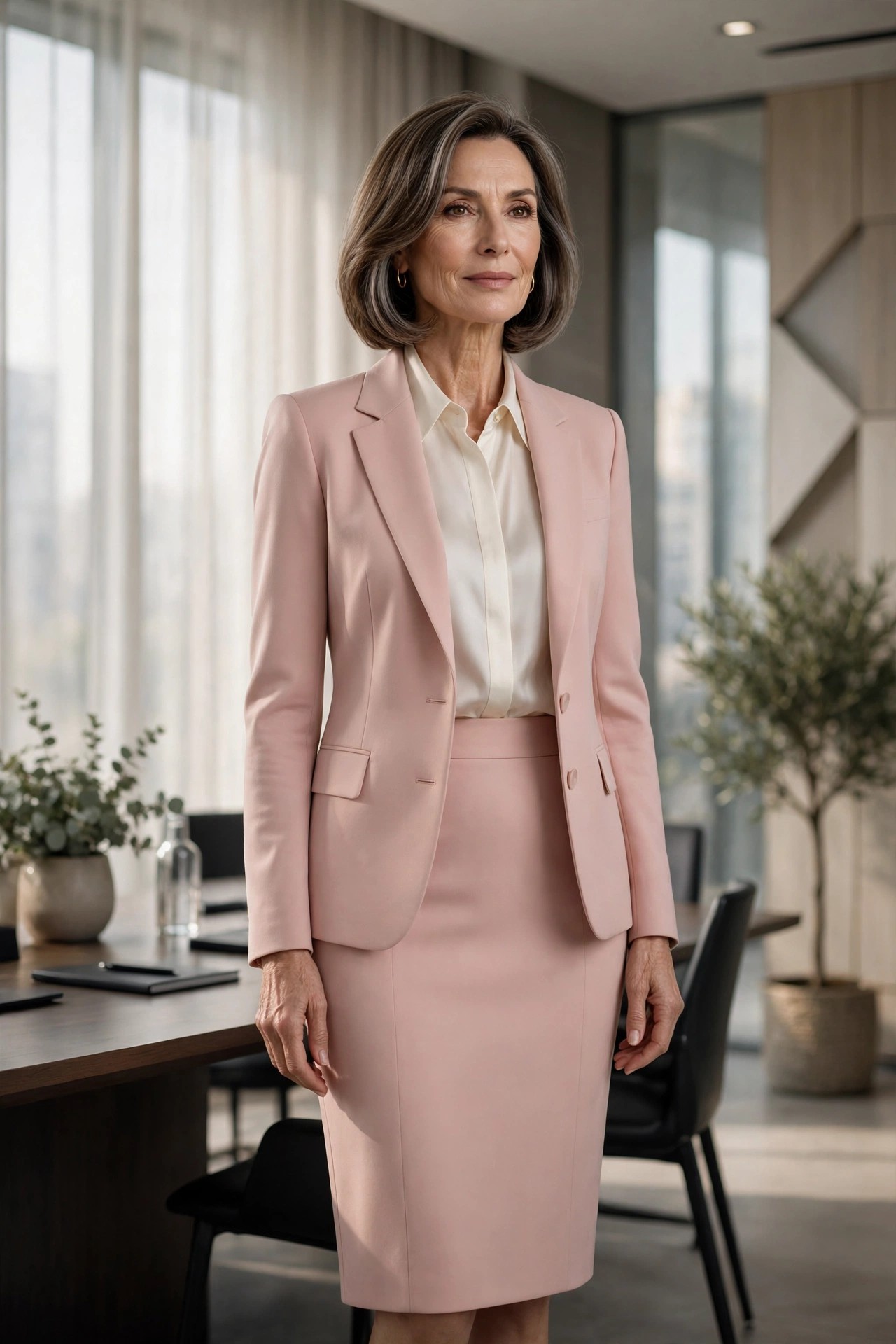Elegant woman over 50 in a blush pink skirt suit and ivory blouse in a conference room