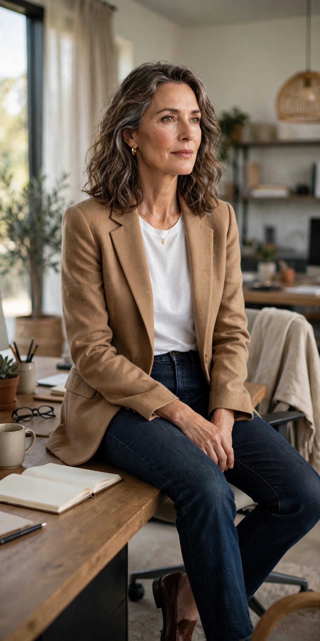 Woman in her 50s wearing dark jeans, white tee and camel blazer with loafers at the office