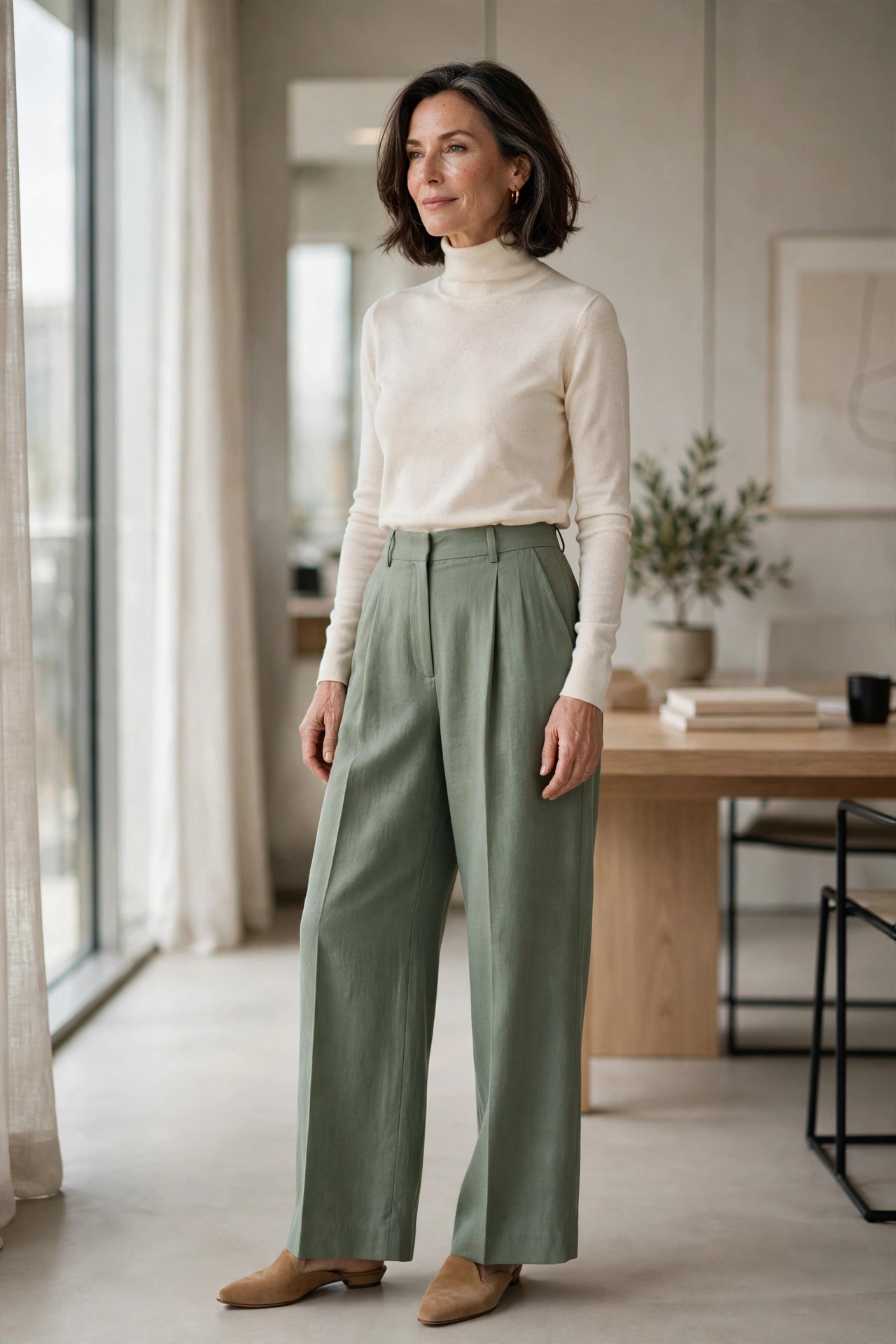 Woman over 50 in a cream turtleneck and sage wide-leg trousers in a modern office