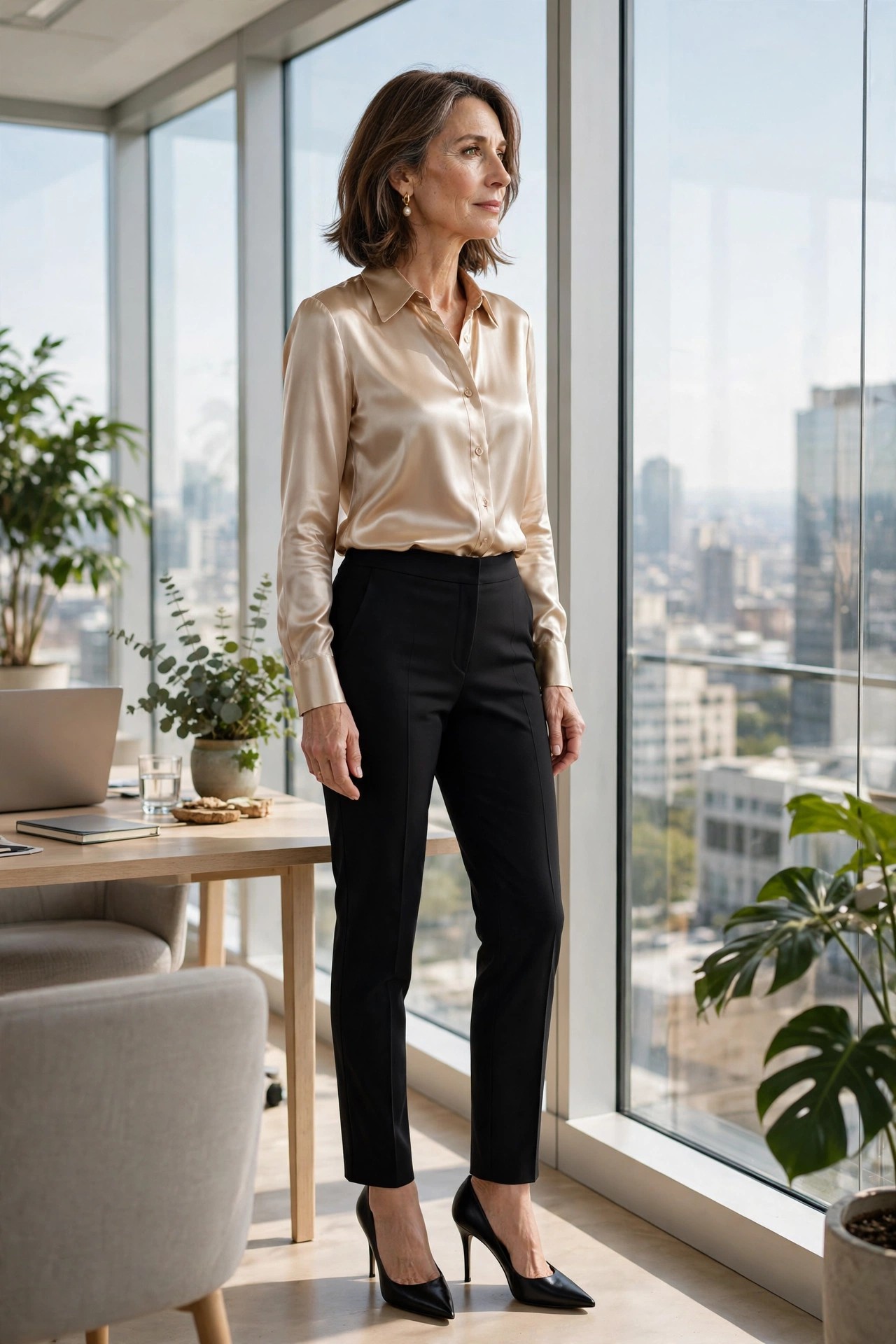 Elegant woman in her 50s wearing a champagne satin blouse and black ankle pants with city view