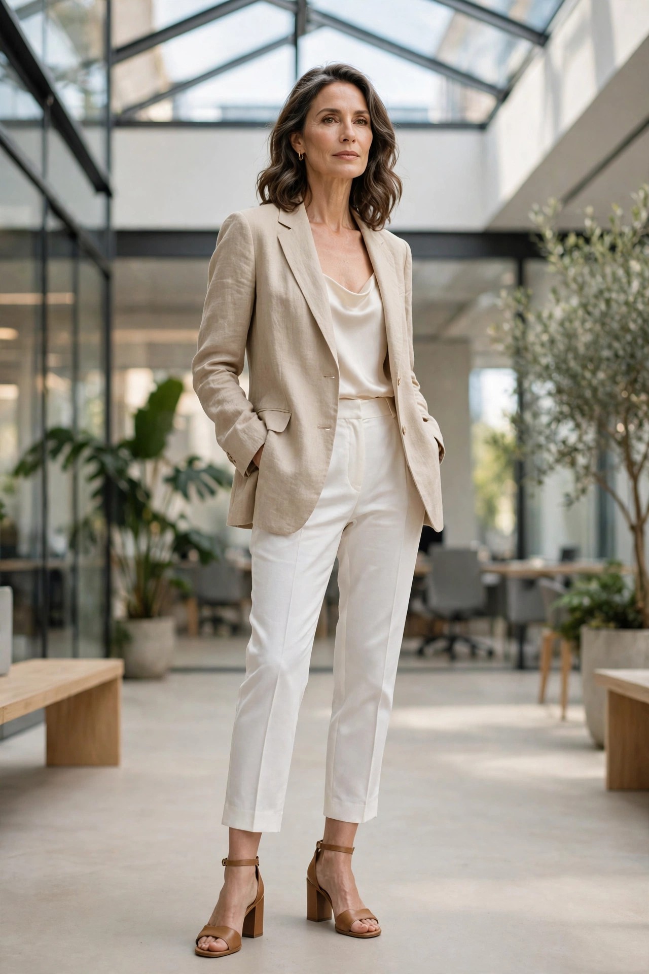 Woman over 50 in a natural linen blazer, ivory silk shell and white cropped trousers in an airy atrium