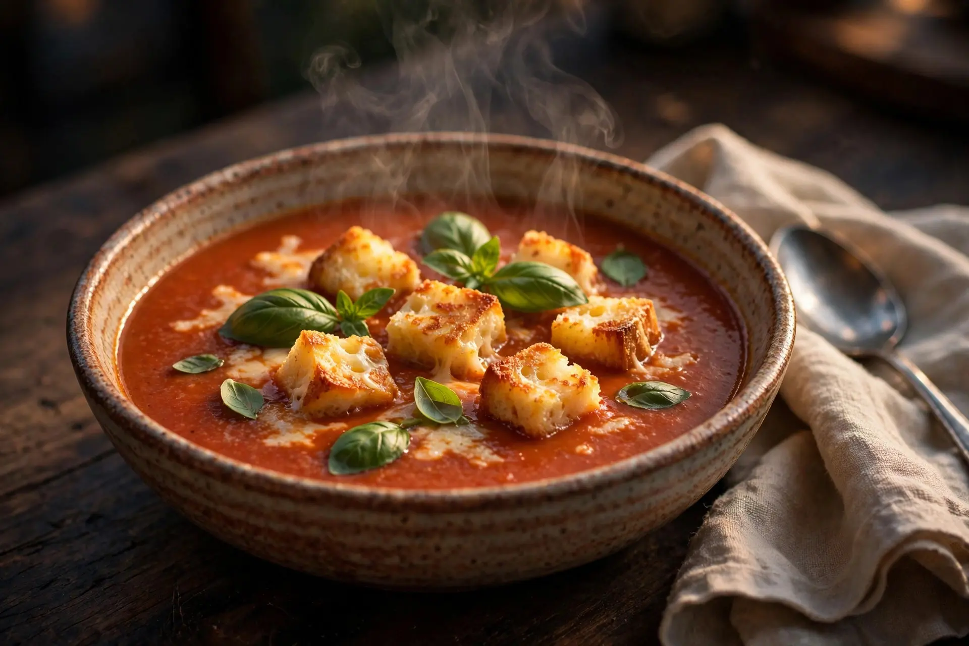 Bowl of creamy tomato basil soup topped with grilled cheese croutons and fresh basil leaves