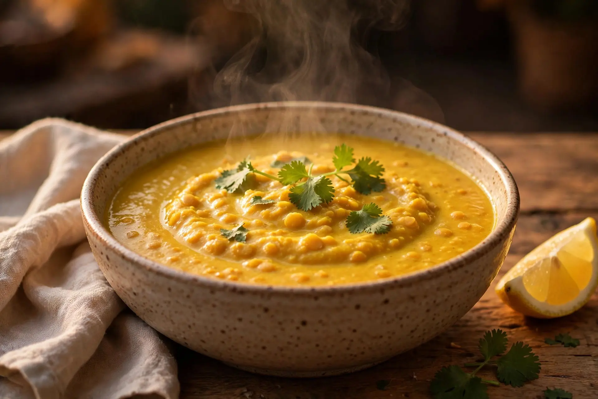 Bowl of golden turmeric lentil stew with coconut milk, lemon and cilantro