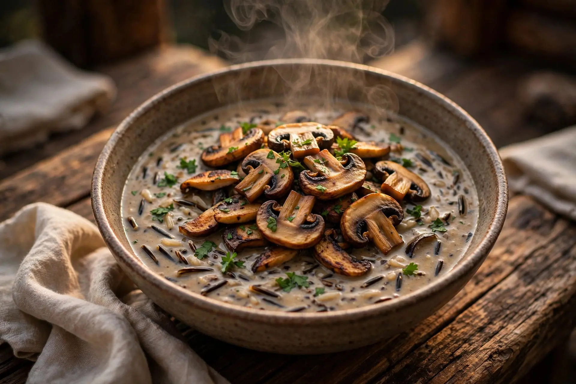 Bowl of mushroom and wild rice soup with browned mushrooms and parsley