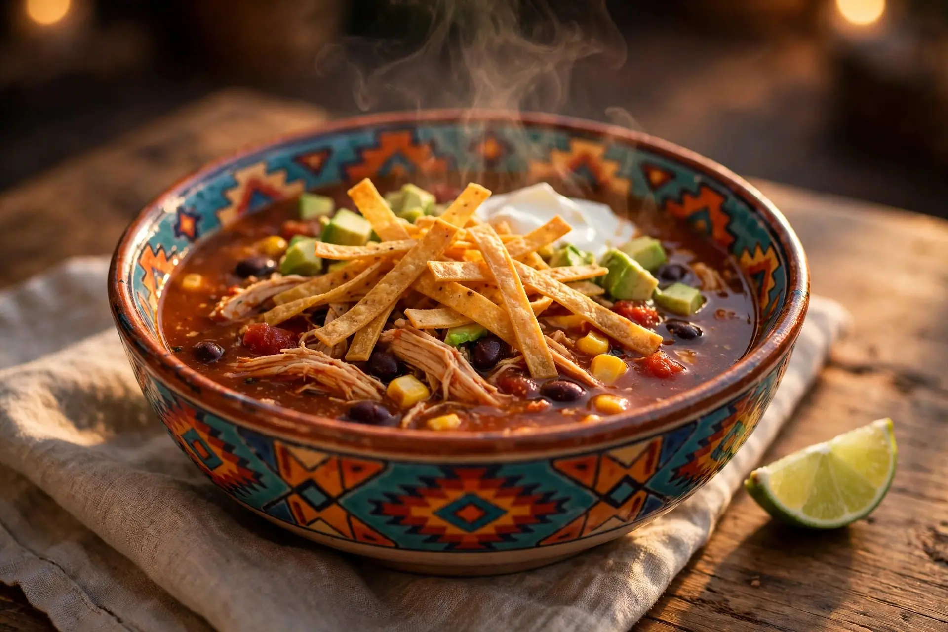 Bowl of Southwest chicken tortilla soup with tortilla strips, avocado and sour cream