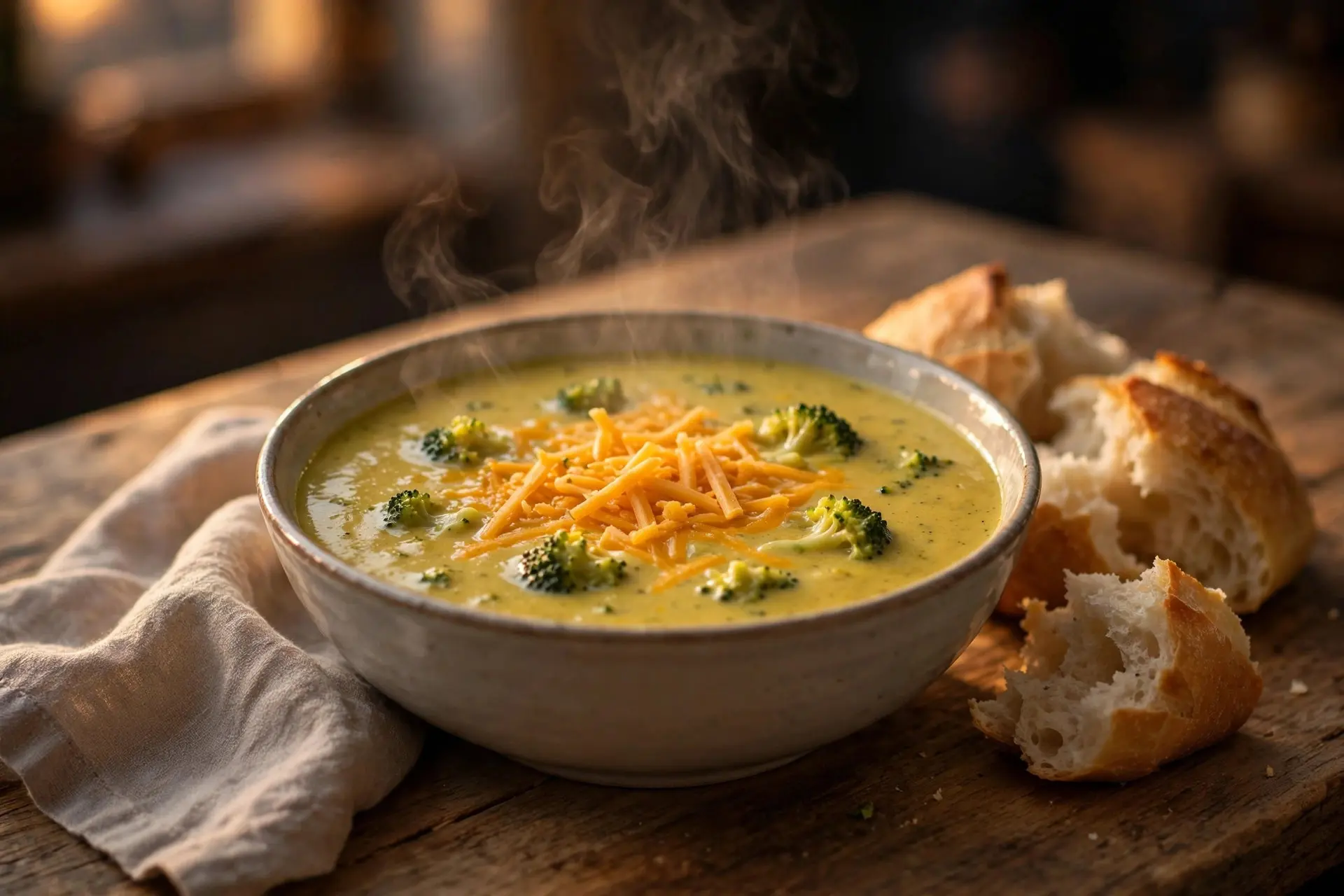 Bowl of creamy broccoli cheddar soup with shredded cheddar and crusty bread
