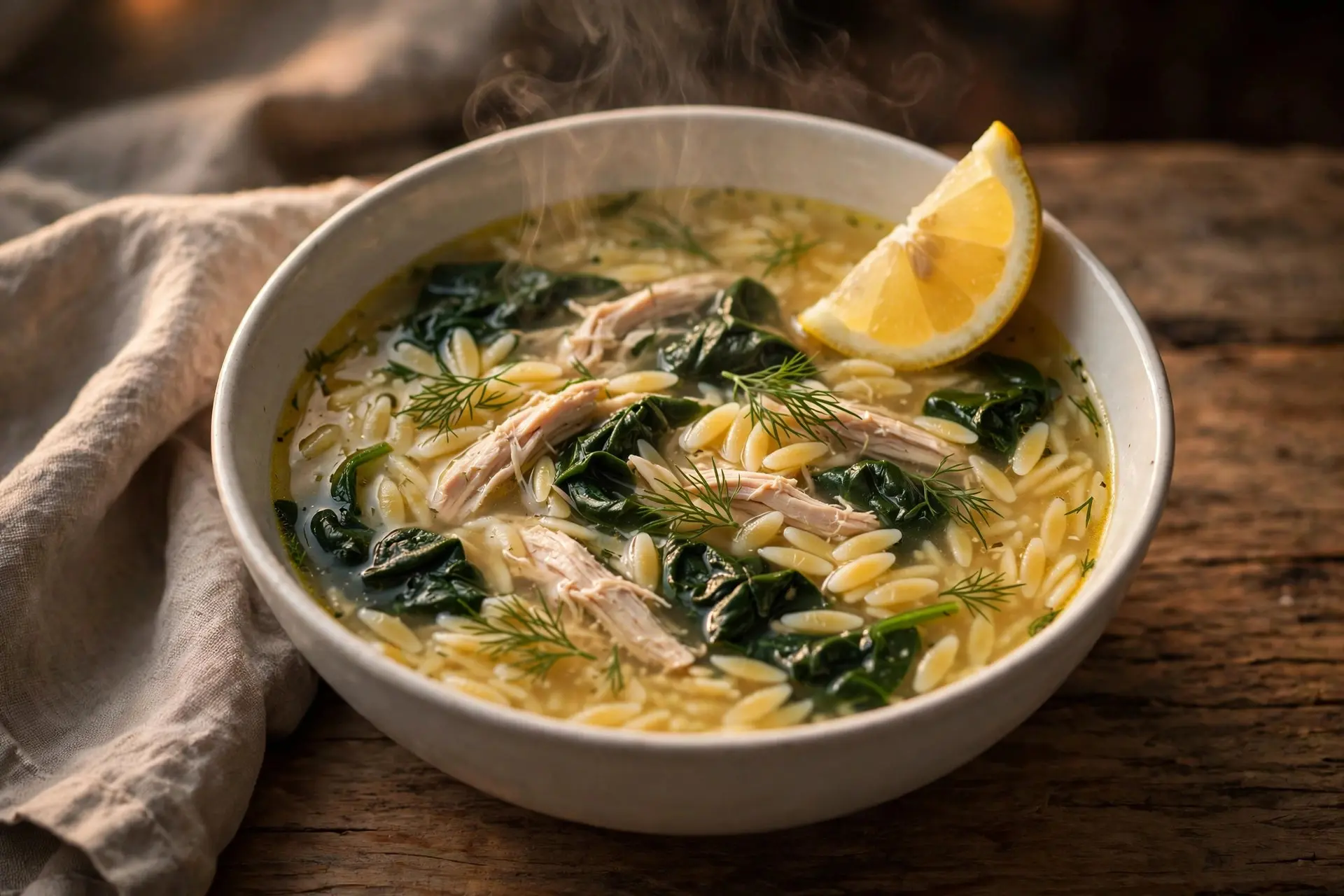 Bowl of lemon chicken orzo soup with spinach, dill and a lemon wedge