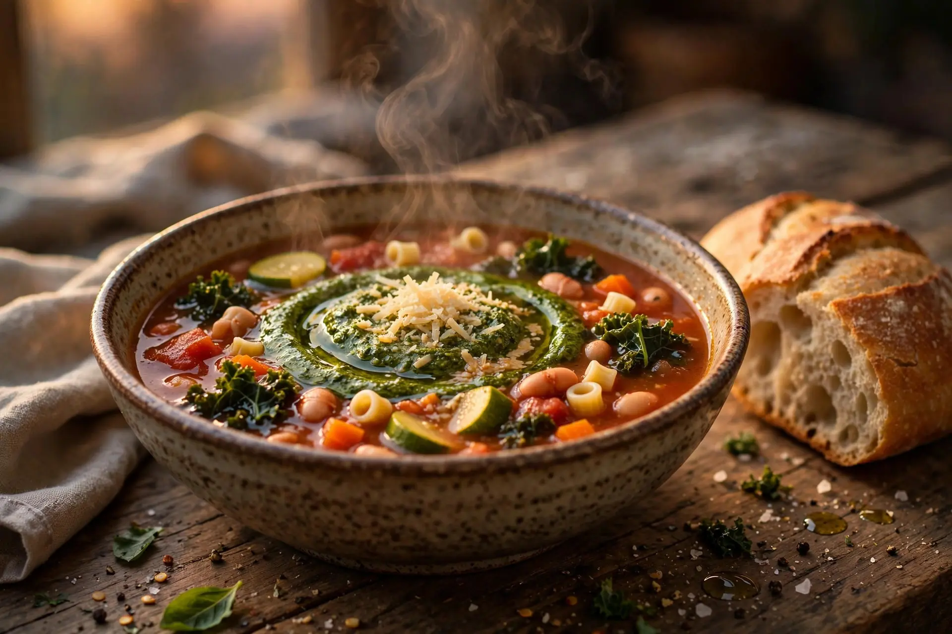 Bowl of hearty minestrone with a swirl of green pesto and grated Parmesan