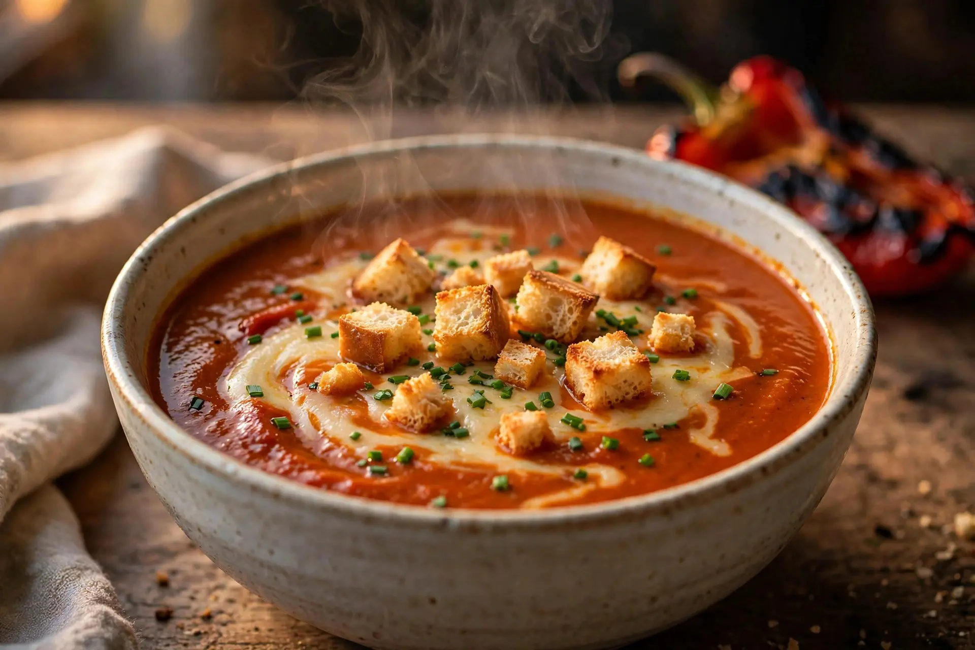 Bowl of roasted red pepper soup with melted Gouda, croutons and chives