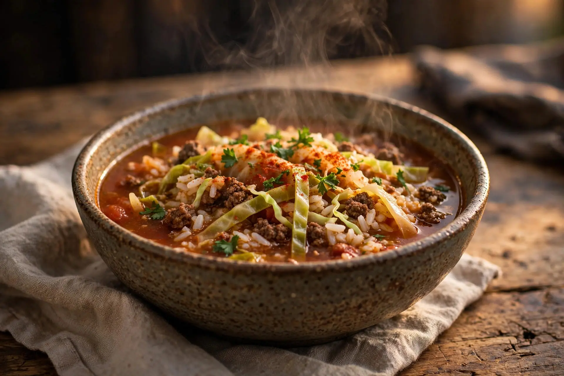Bowl of cabbage roll soup with ground beef, cabbage and rice in tomato broth