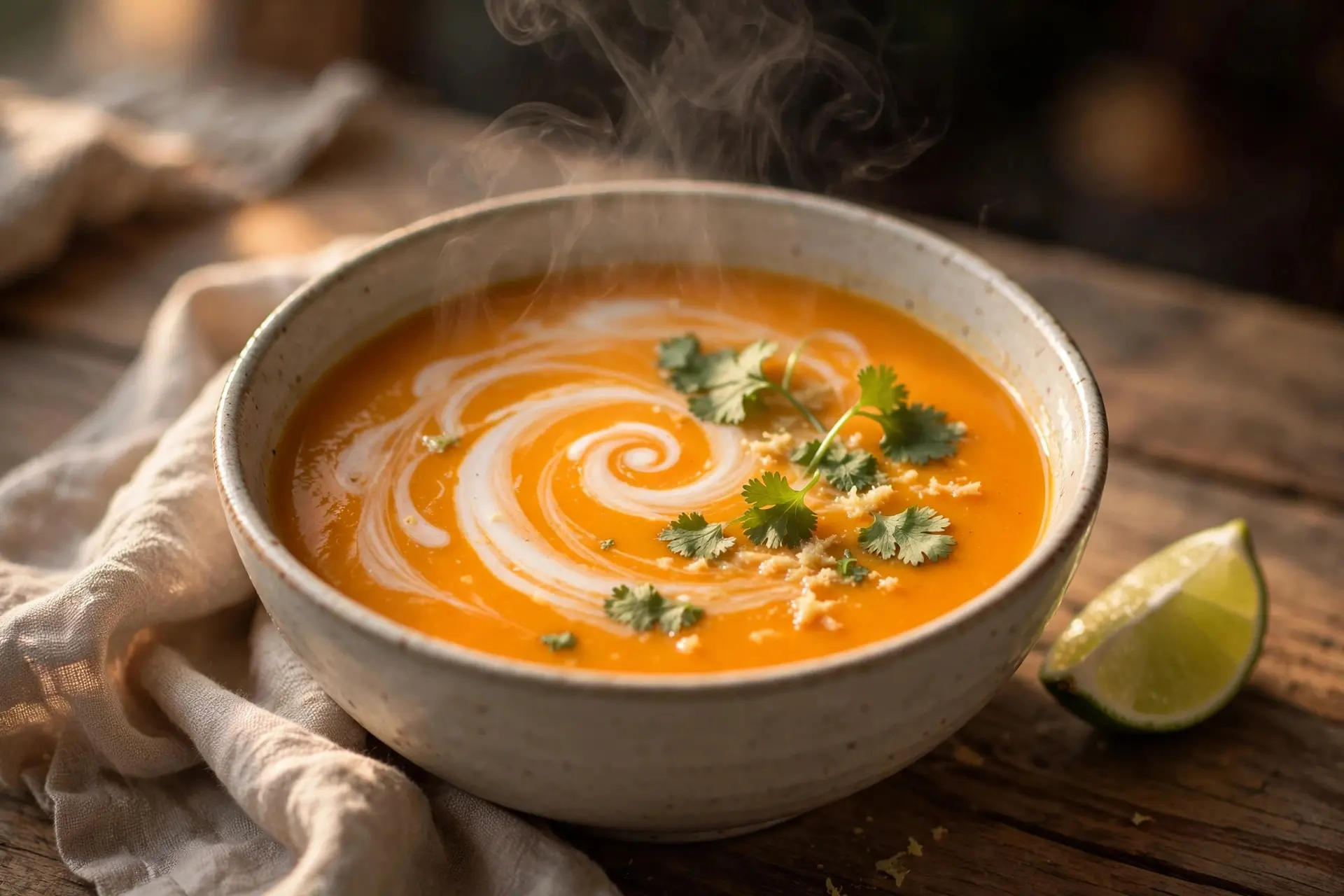 Bowl of ginger carrot and coconut soup with a coconut swirl, lime and cilantro
