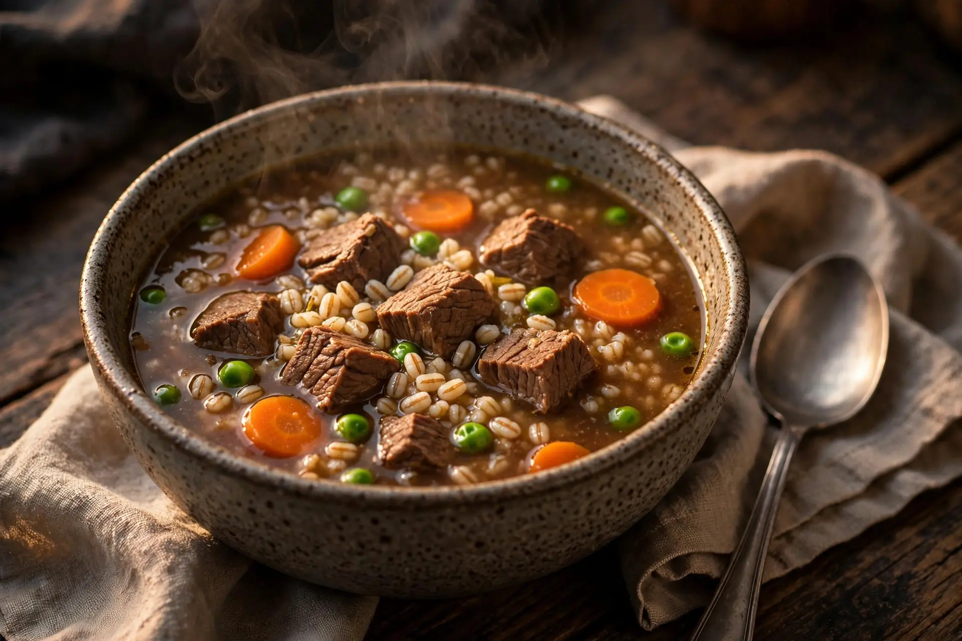 Rustic bowl of hearty beef and barley soup with tender beef cubes, carrots and peas
