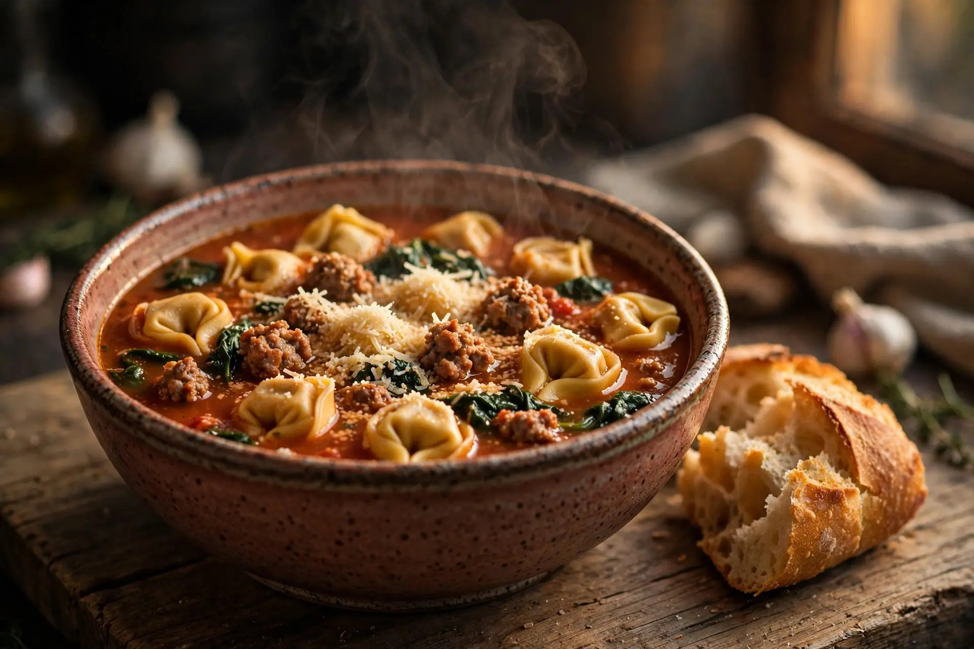 Bowl of Italian sausage and tortellini soup with spinach and Parmesan