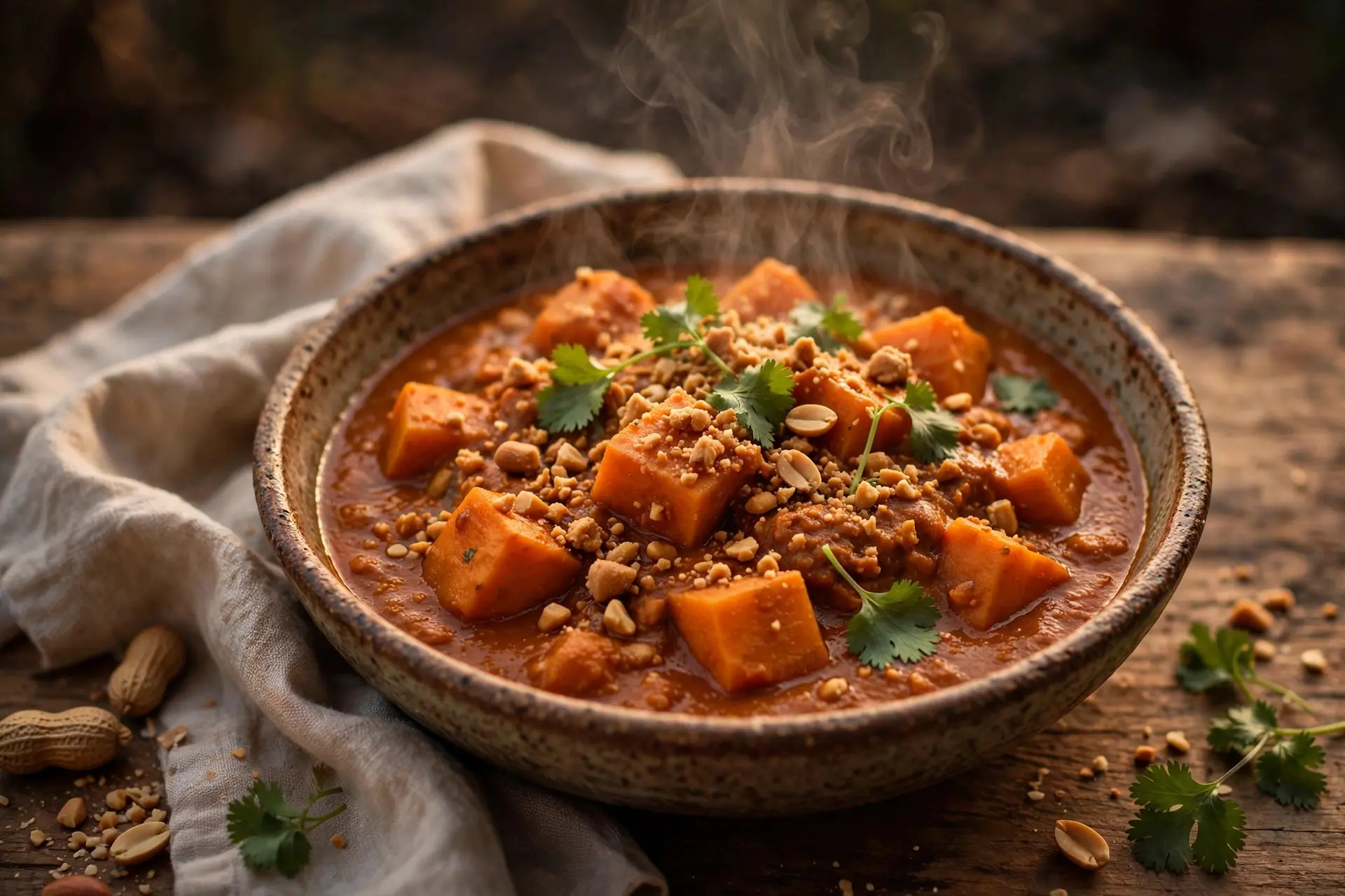 Bowl of sweet potato and peanut stew topped with crushed peanuts and cilantro