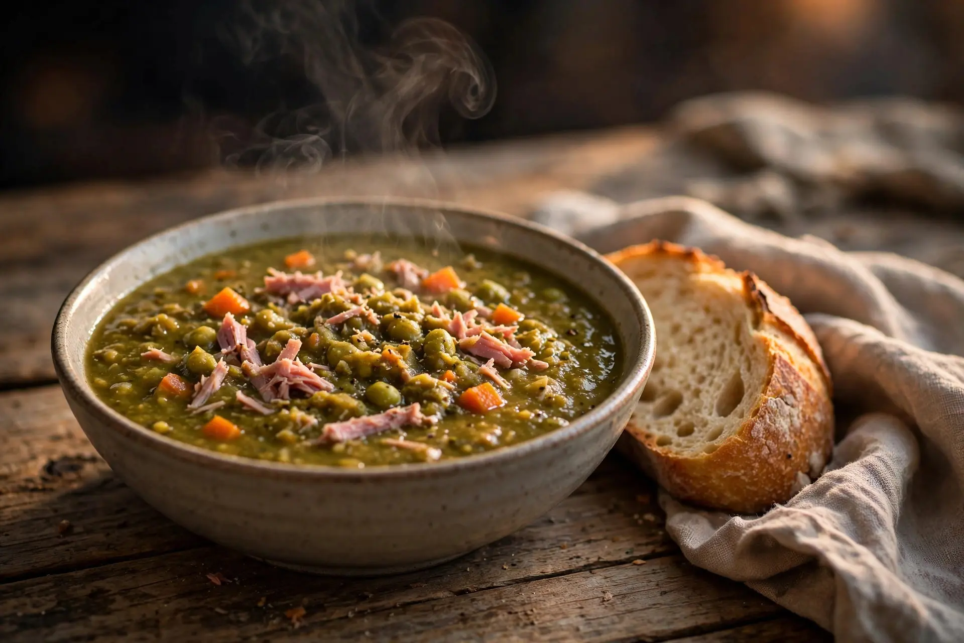 Bowl of classic split pea soup with ham, served with crusty bread