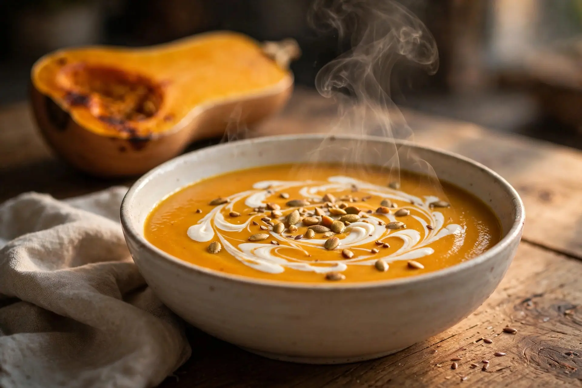 Bowl of silky butternut squash soup with a coconut cream swirl and toasted pepitas