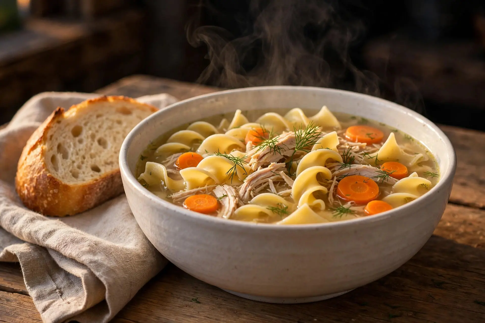Bowl of classic chicken noodle soup with egg noodles, sliced carrots and fresh dill