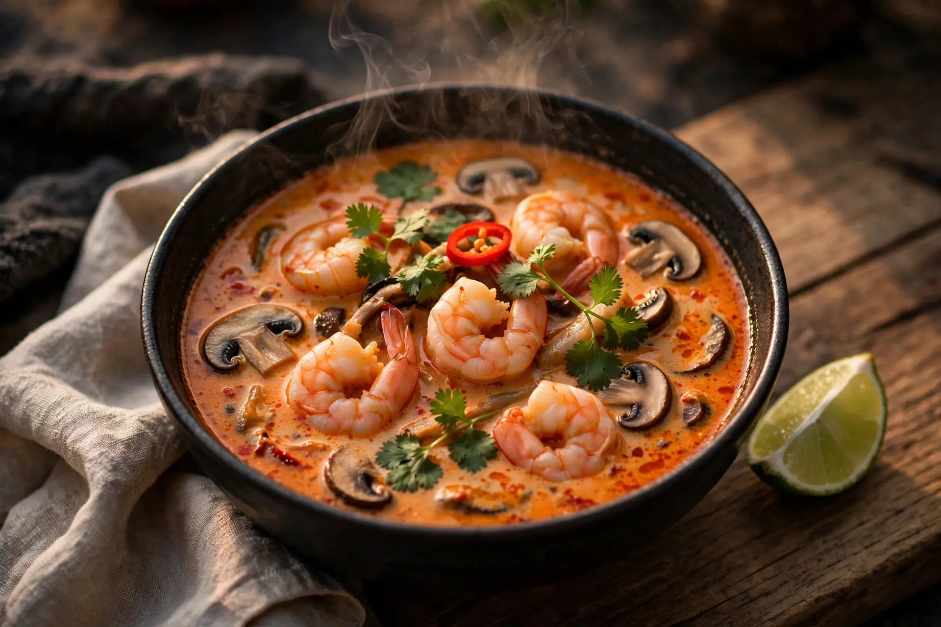 Bowl of spicy Thai coconut curry soup with shrimp, mushrooms, cilantro and red chili