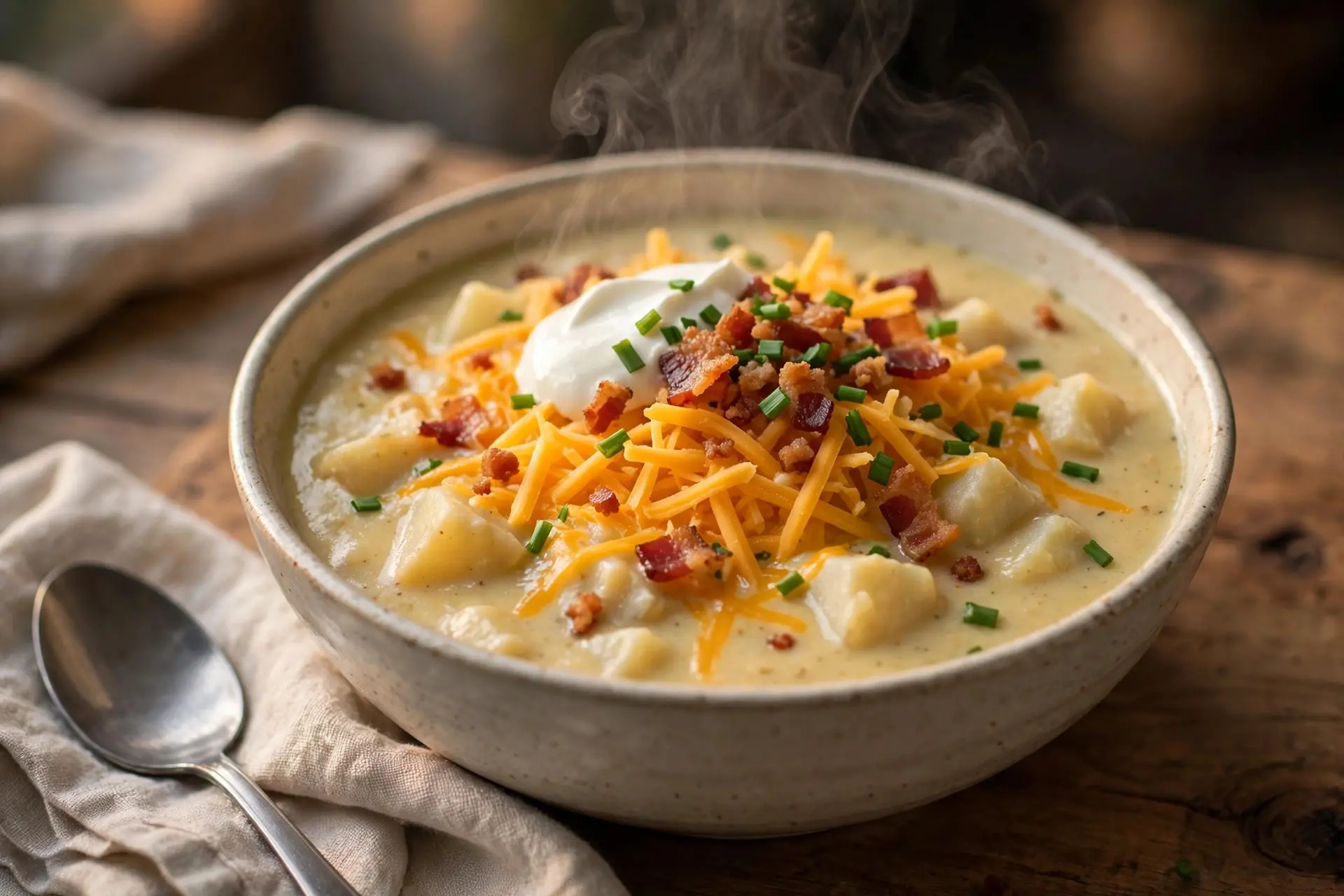 Bowl of loaded baked potato soup topped with cheddar, crispy bacon and chives