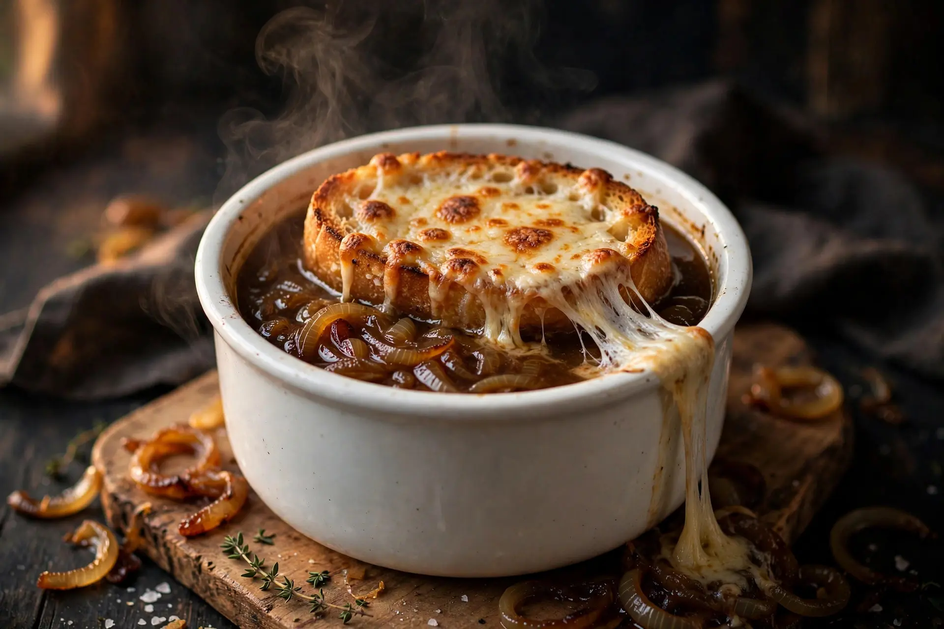 Crock of French onion soup with a bubbling golden Gruyère crouton on top