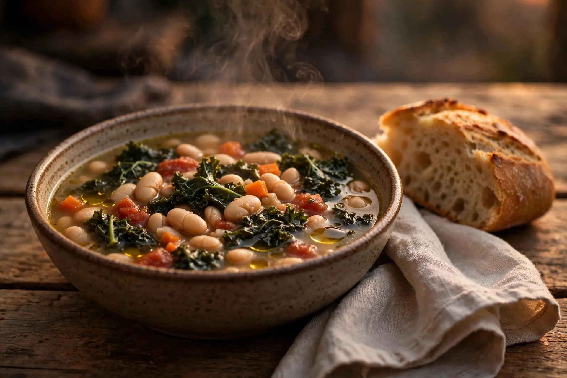 Bowl of Tuscan white bean and kale soup with tomatoes and a drizzle of olive oil