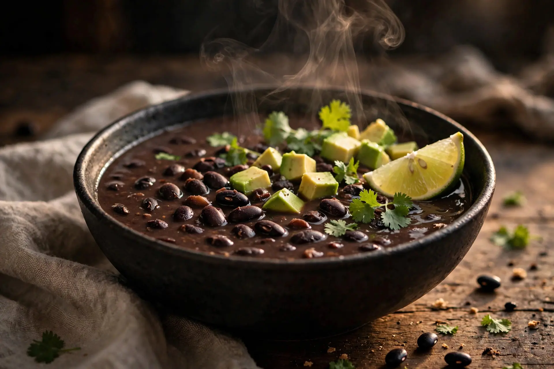 Bowl of smoky chipotle black bean soup with avocado, lime and cilantro
