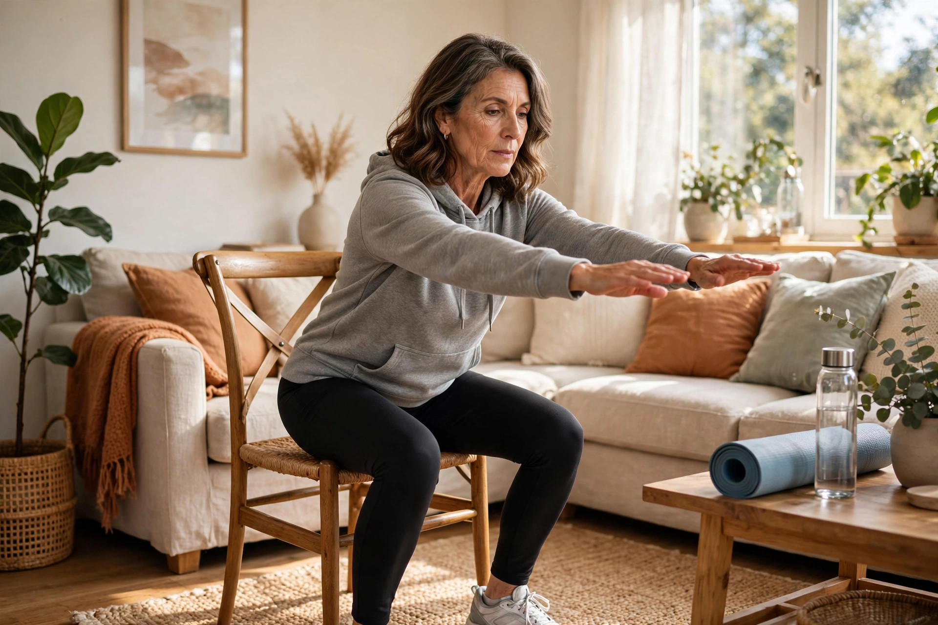 Woman in her 50s doing chair squats in a living room