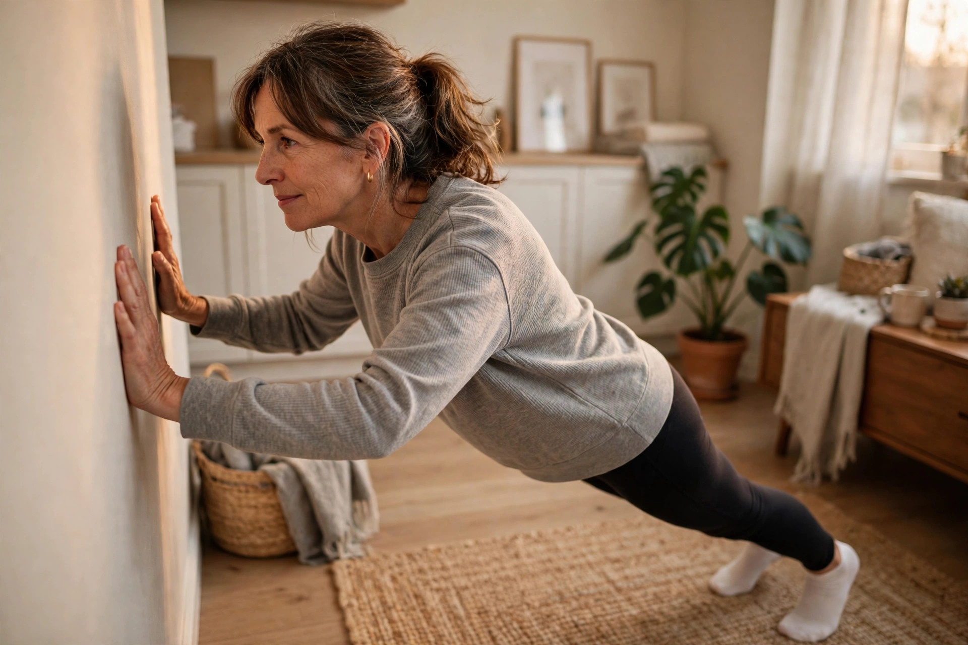 Woman in her 50s doing wall push-ups at home
