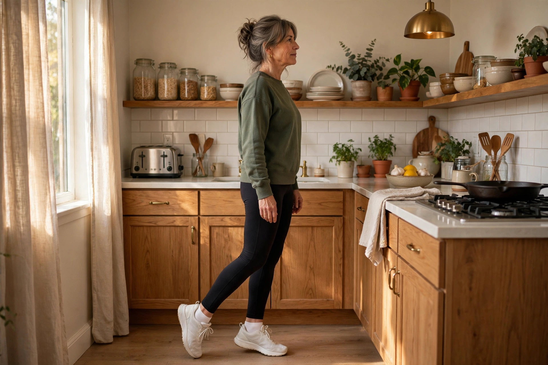 Woman in her 50s doing calf raises in her kitchen