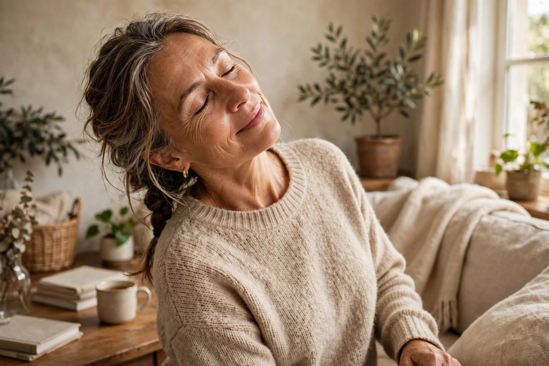 Woman in her 50s doing gentle neck tilt stretch