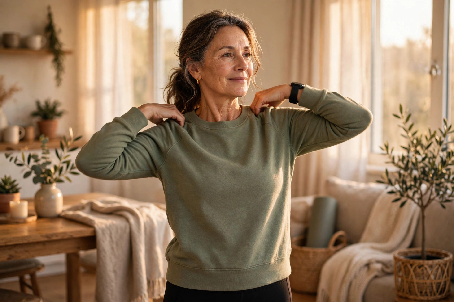 Woman in her 50s doing shoulder rolls