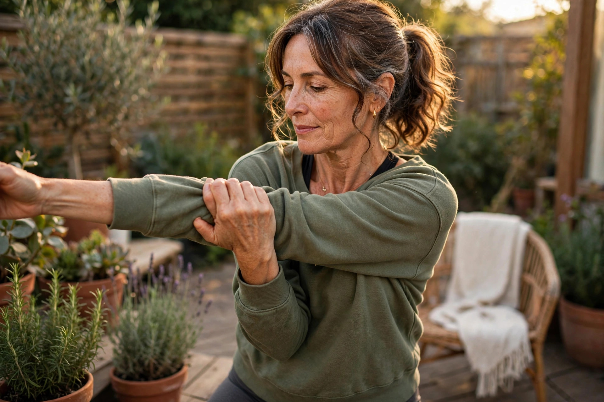 Woman in her 50s doing cross-body shoulder stretch