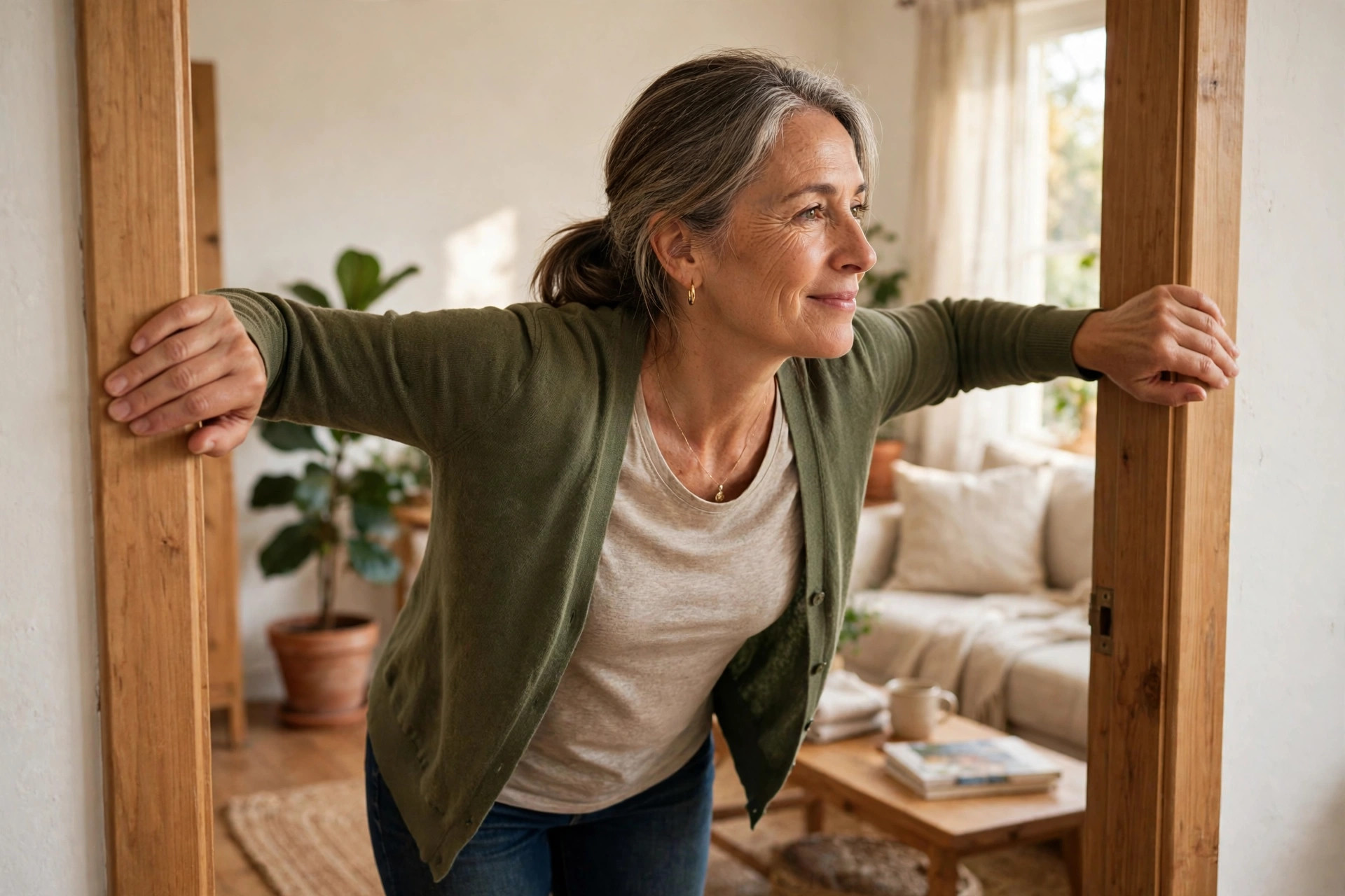 Woman in her 50s doing doorway chest opener stretch