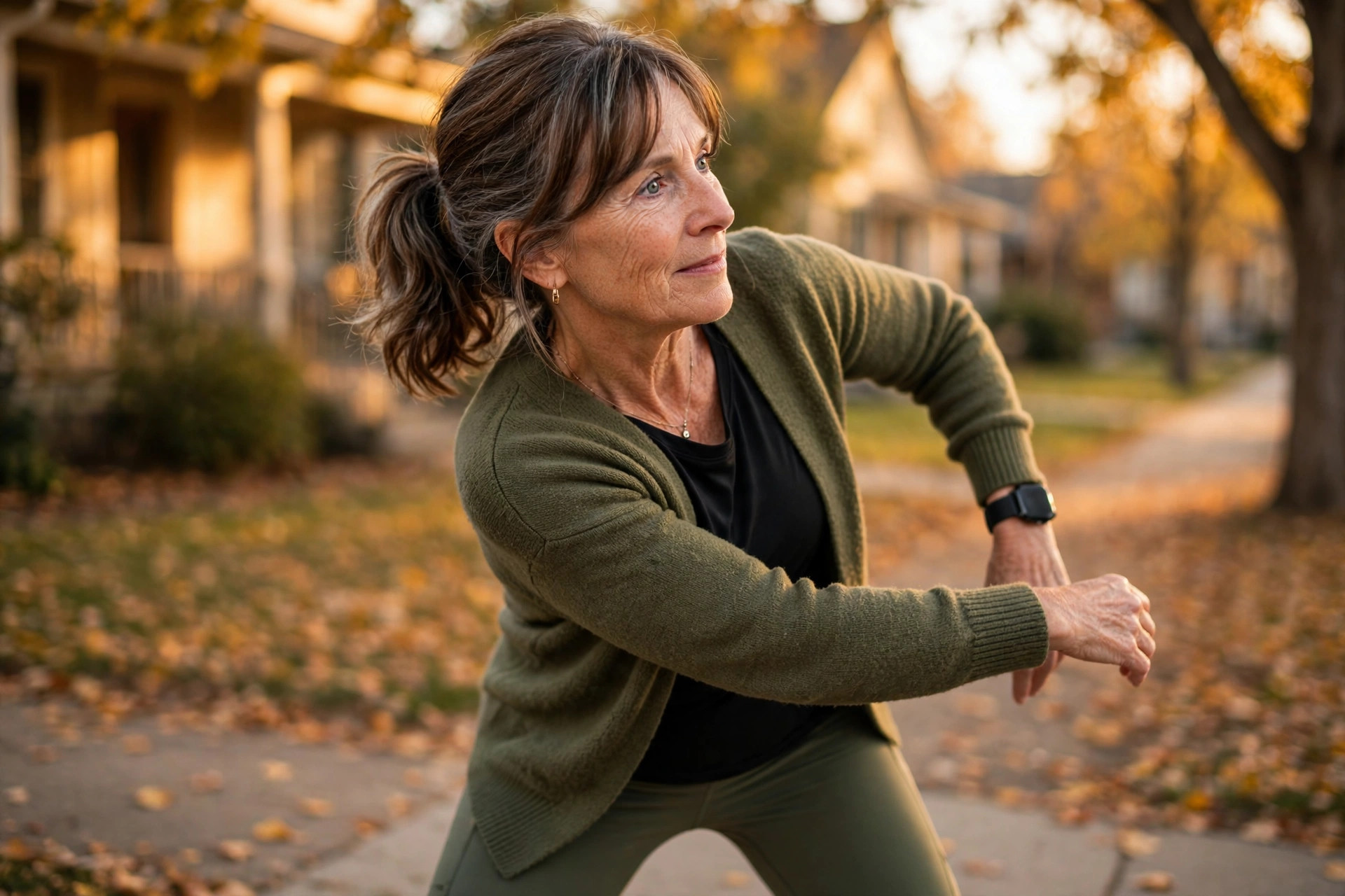 Woman in her 50s doing standing torso twist