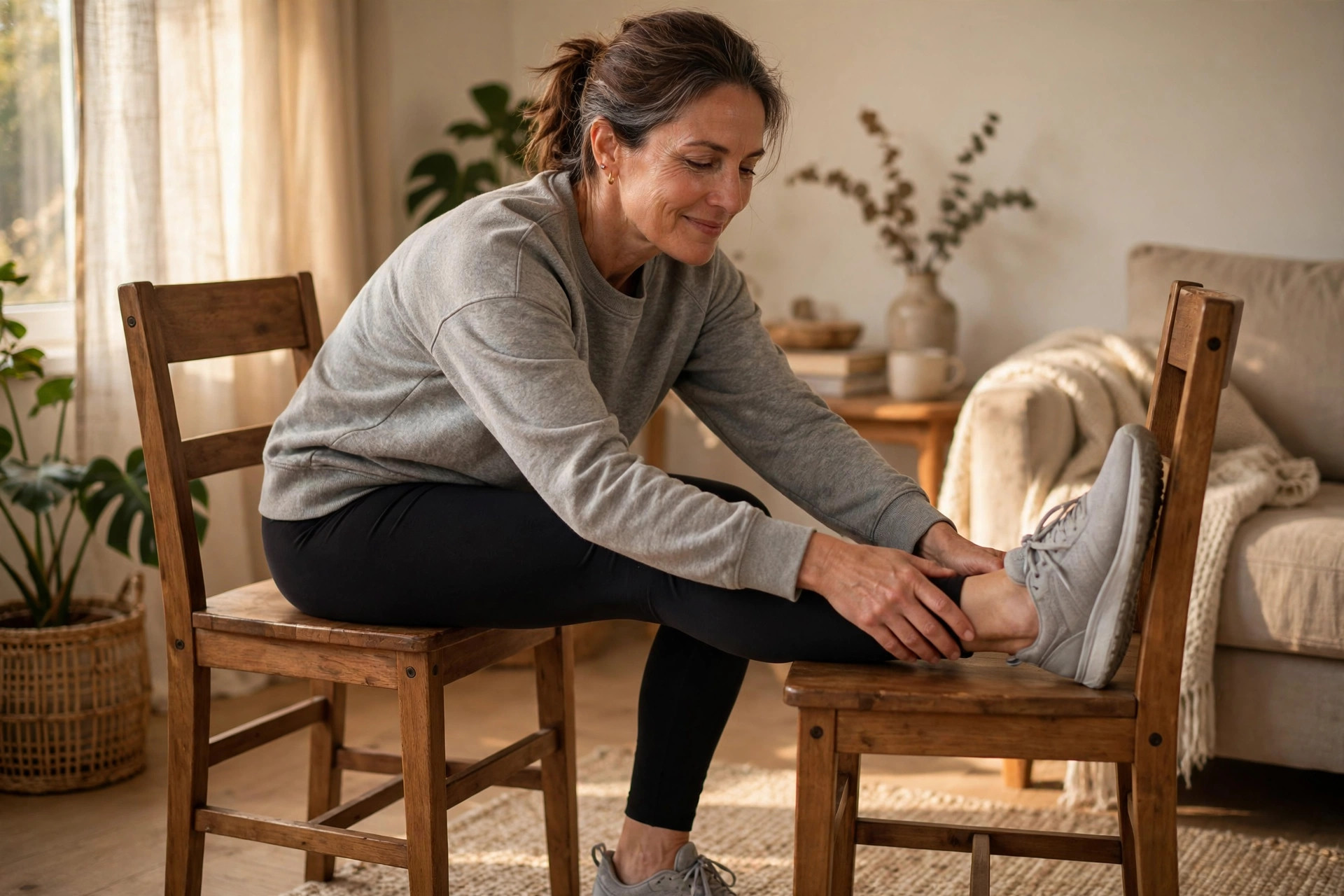 Woman in her 50s doing seated hamstring stretch