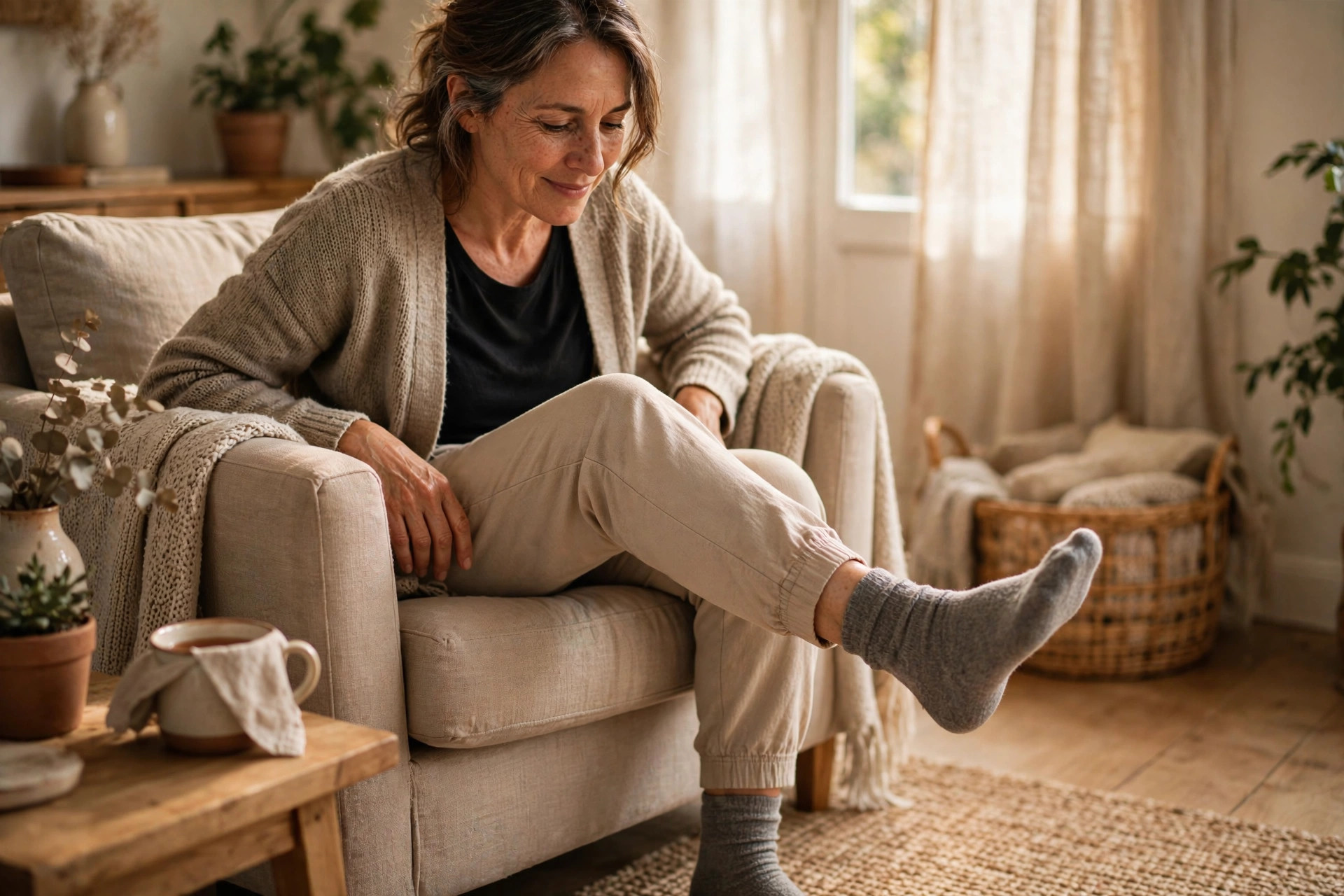 Woman in her 50s doing seated ankle circles