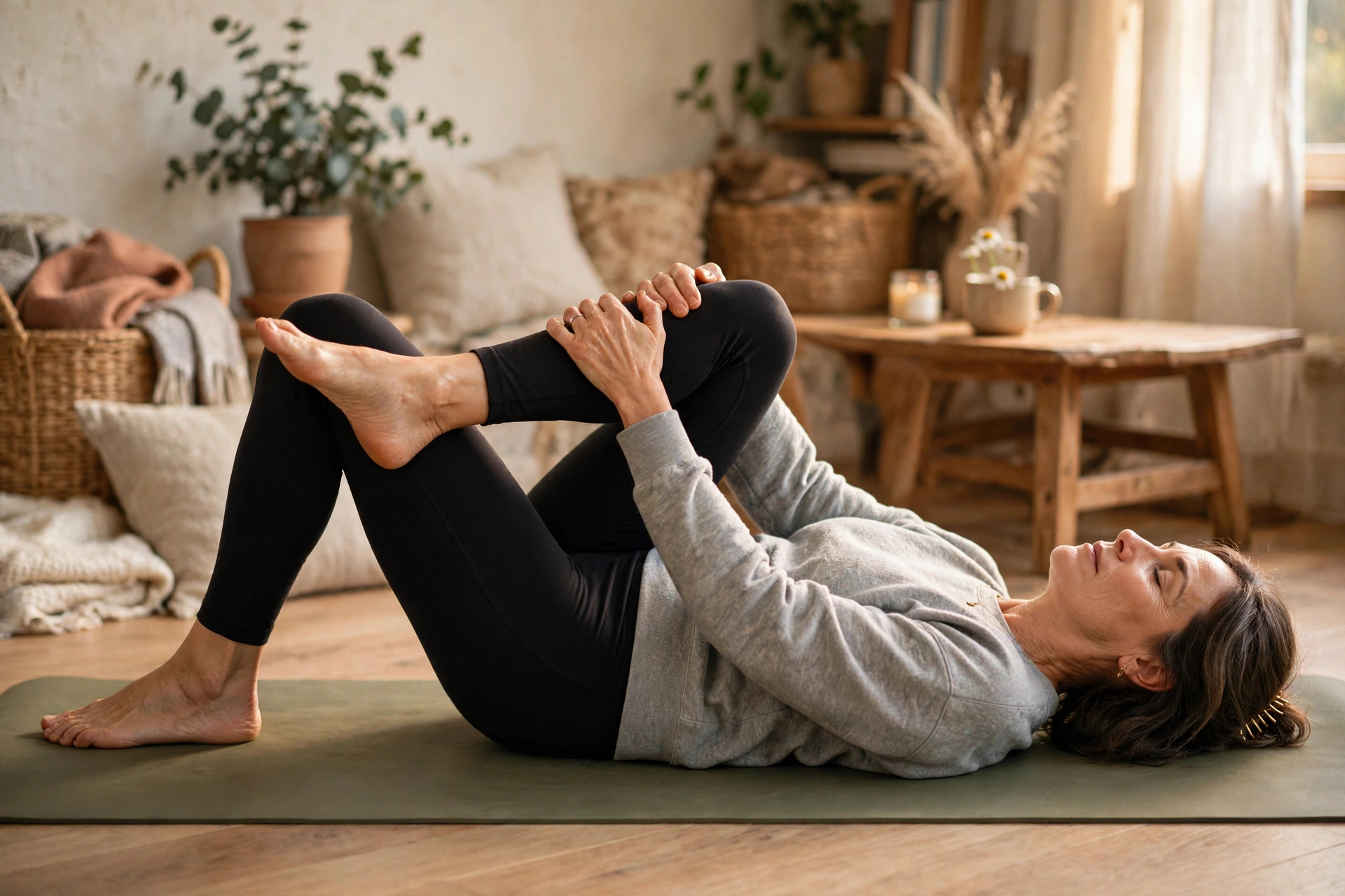 Woman in her 50s doing supine figure-4 stretch
