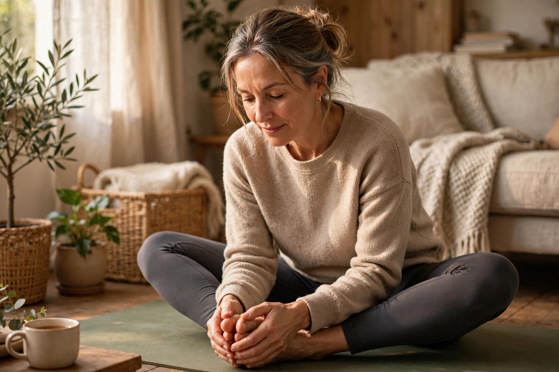 Woman in her 50s doing seated butterfly stretch
