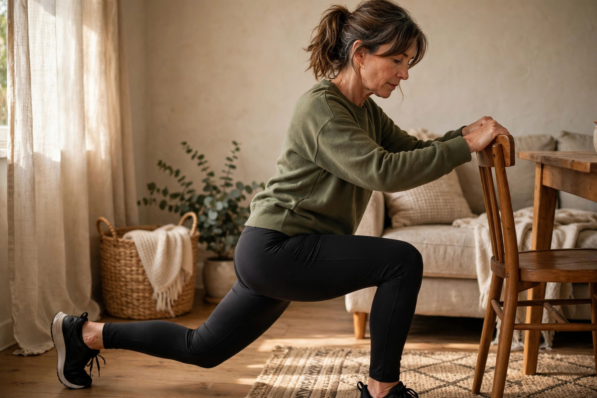 Woman in her 50s doing hip flexor stretch with chair