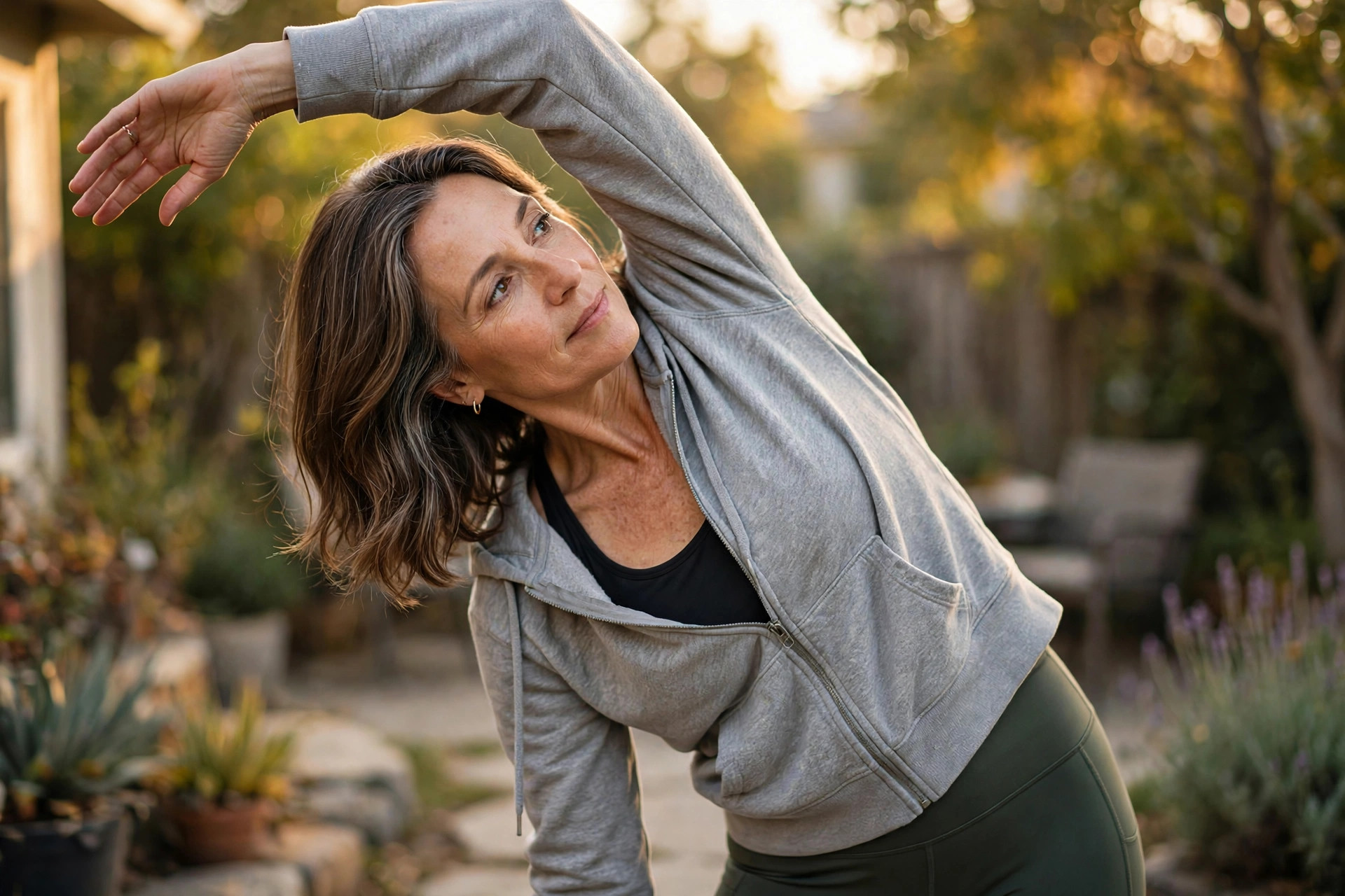 Woman in her 50s doing overhead side reach