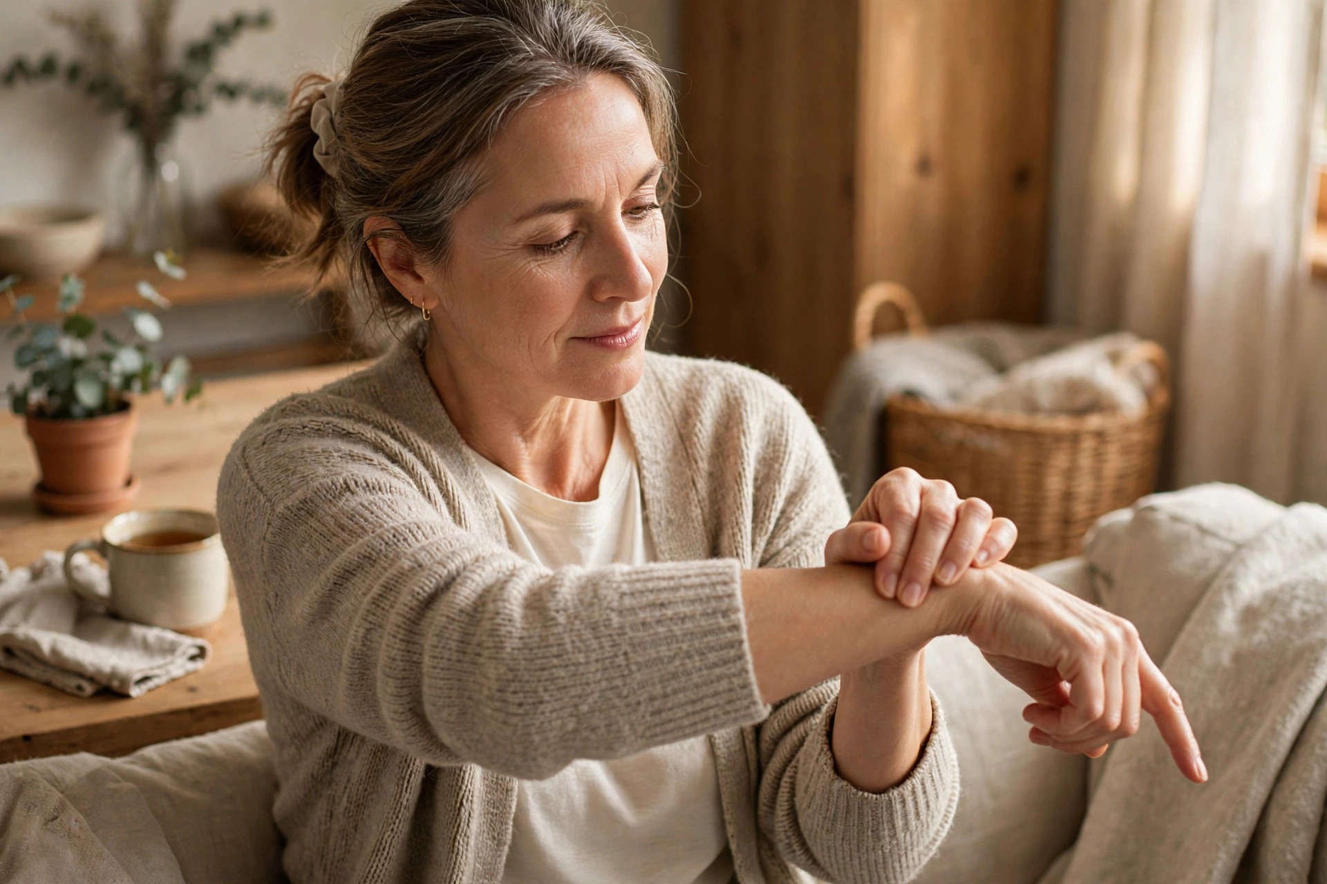 Woman in her 50s doing wrist stretch