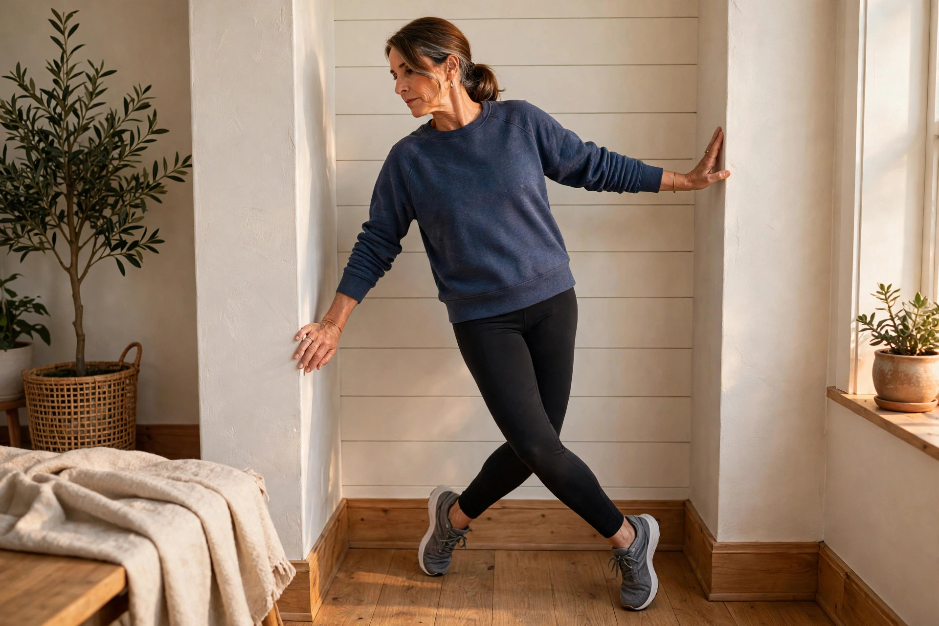 Woman in her 50s doing standing IT band stretch
