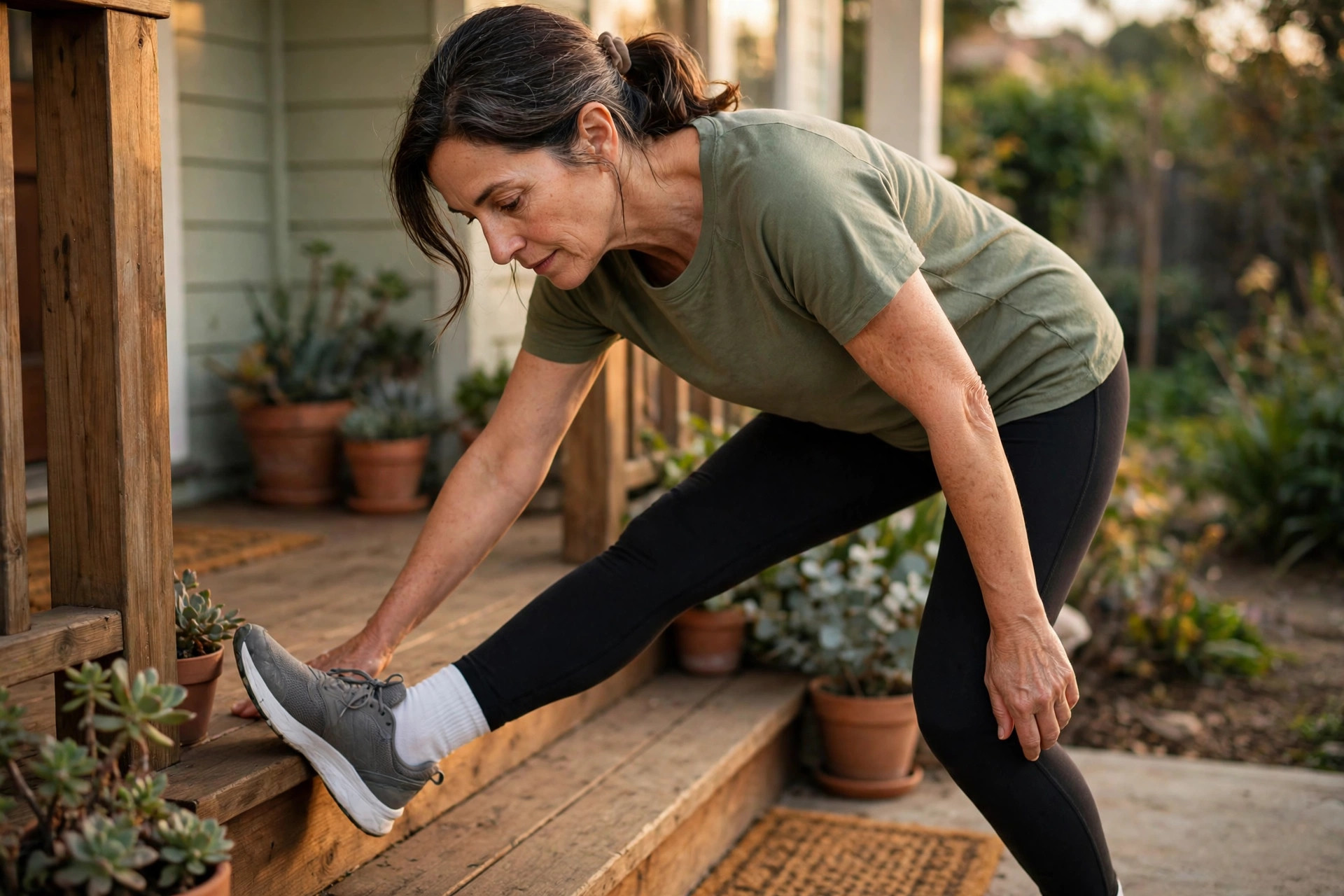 Woman in her 50s doing calf drop on a step