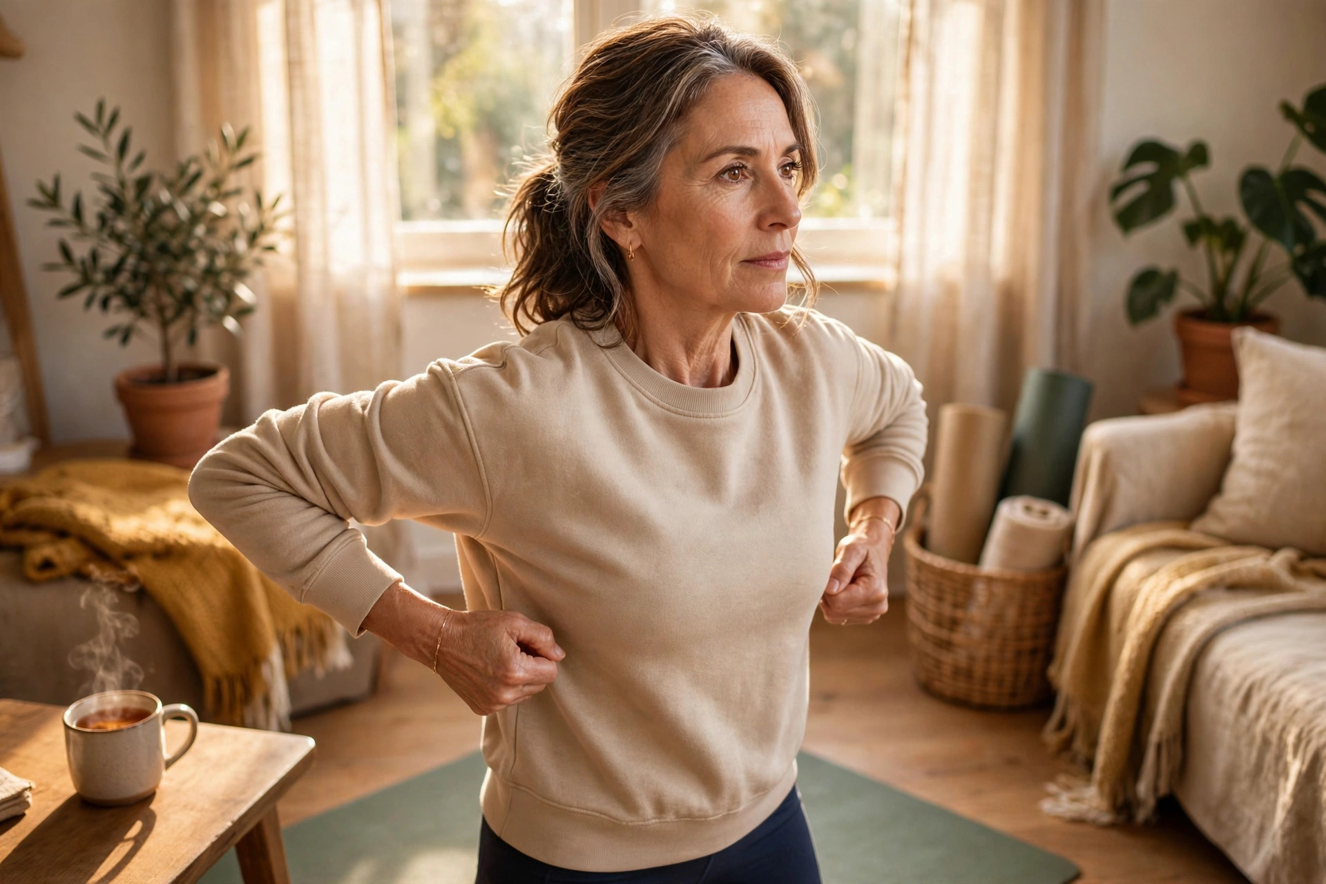 Woman in her 50s doing shoulder blade squeezes
