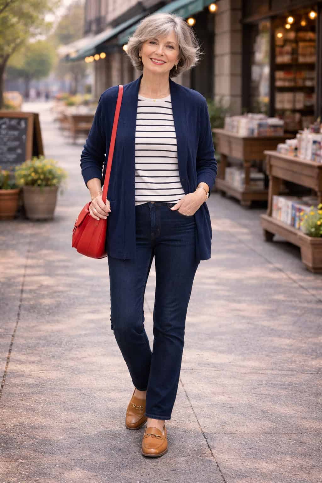 Woman over 60 wearing striped top with dark jeans and navy blazer